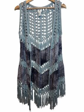 Boho Crochet Fringe Vest Womens L XL Tie Dye Sleeveless Festival Layering Top